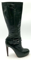 L.A.M.B. Green Leather Stiletto Knee High Buckle Boots 7
