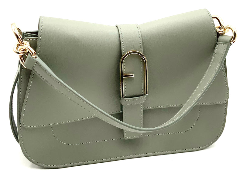 FURLA Grey Leather Flow Top Handle Trapezoid Bag