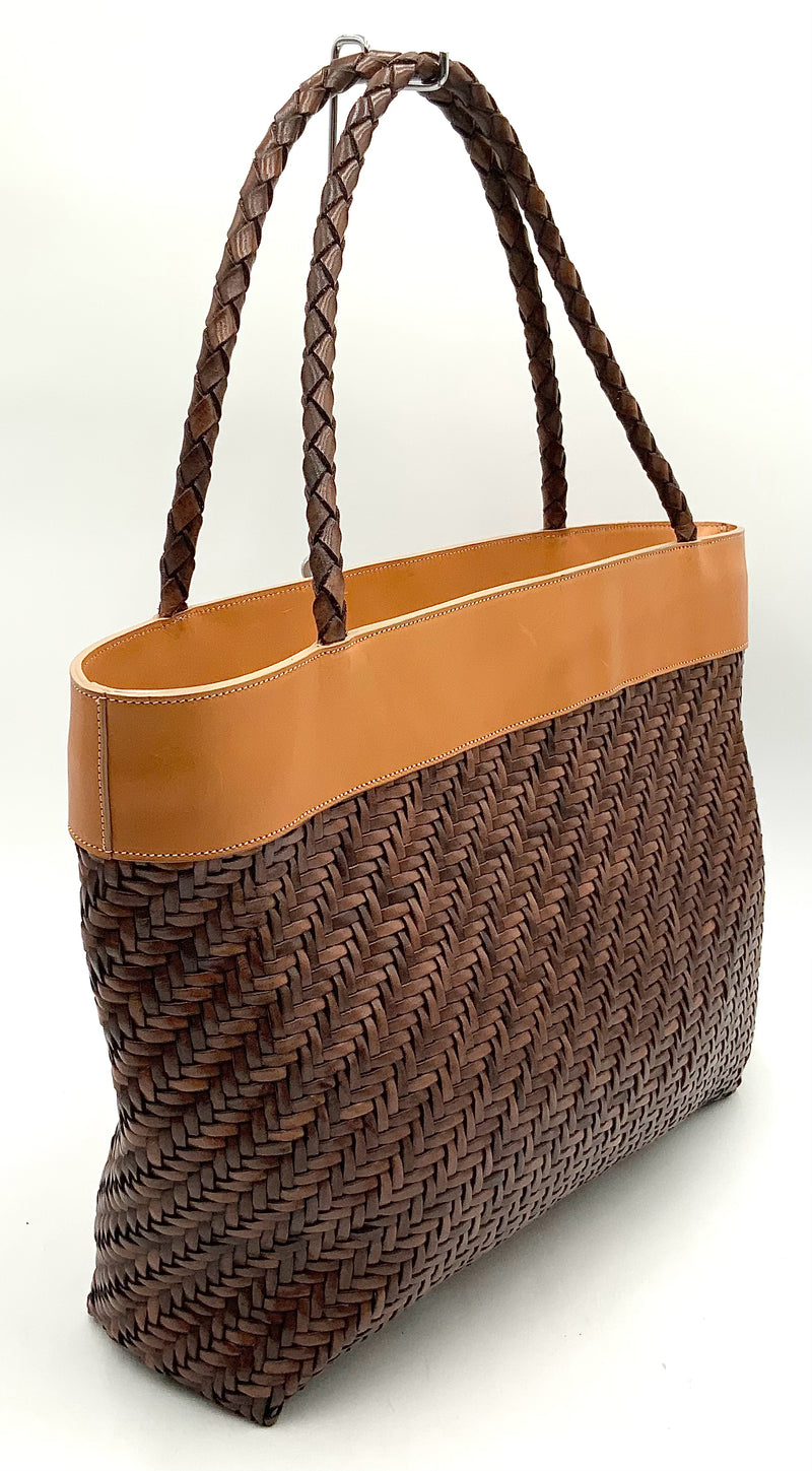 MANUELA GRECO Brown Woven Leather Tan Trim Tote Bag