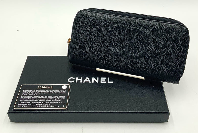 CHANEL Black Leather CC Logo Zip Around Wallet