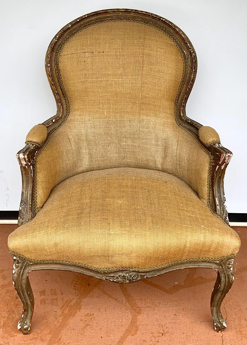 Distressed French Style Armchair with Burlap Upholstery