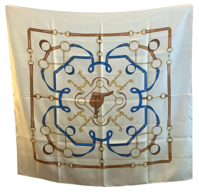 J MCLAUGHLIN Off-White/Gold/Blue Horsebit Silk Scarf