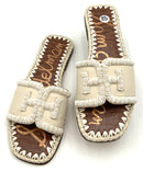 SAM EDELMAN Cream Leather Seed Beaded Logo Slide Sandals 8.5