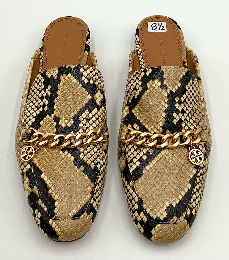 TORY BURCH Black Tan Snake Print Leather Matte Gold Chain Mules 8.5