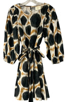 MAEVE Black/Tan/White Abstract Print Puff Sleeve Belted Dress