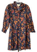 FLORA BEA Navy/Red/Orange Floral Ruffle Collar 1/4 B/D L/S Dress