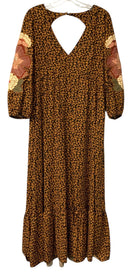 FARM RIO Black/Orange w/Embroid Floral Applique V-Neck Open Back Maxi Dress