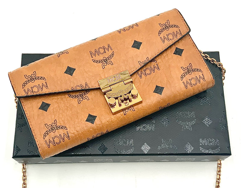 MCM Cognac Visoetos Pushlock Patricia Chain Wallet