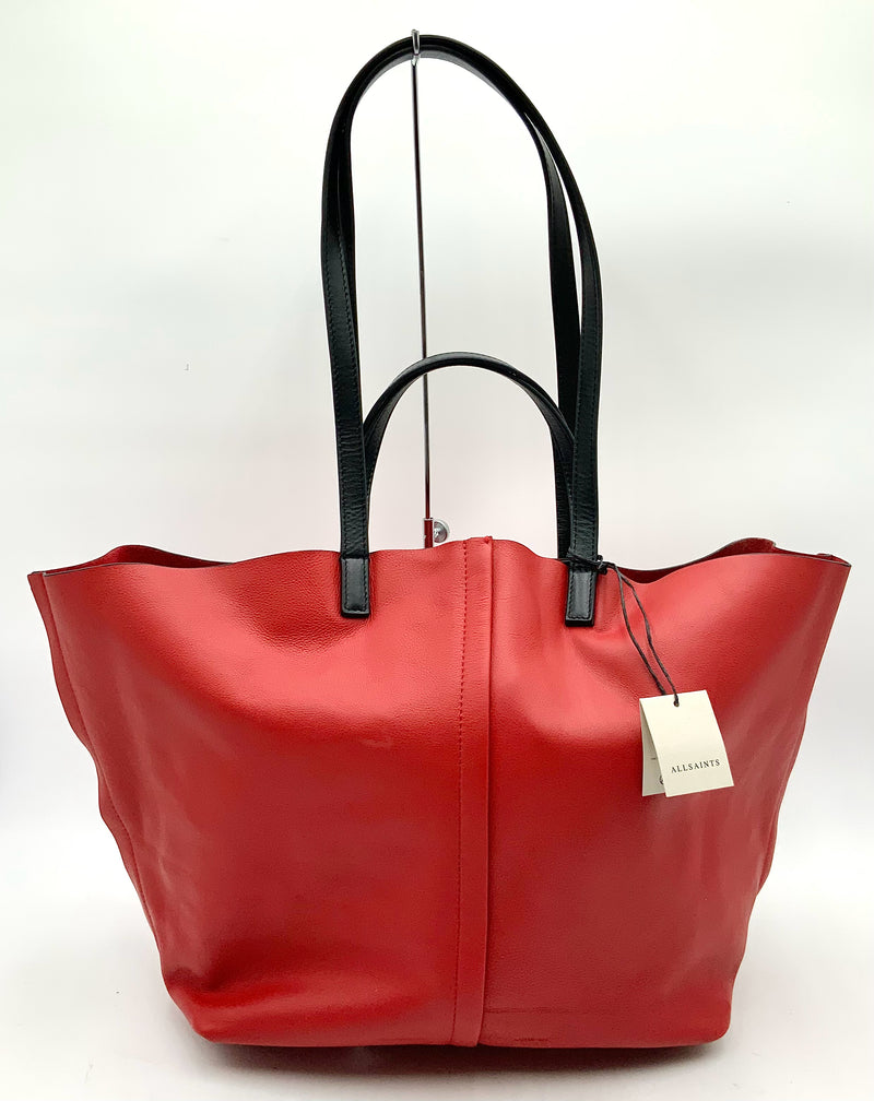 ALL SAINTS Gala Red Leather Black Trim Pheonix E/W Tote Bag