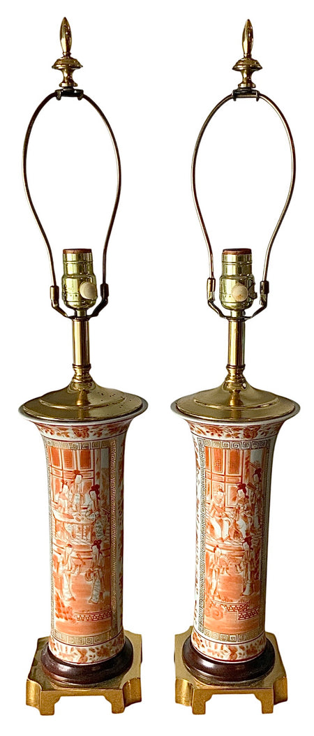 Pair of Winterthur Handpainted Chinoiserie Lamps-No Shades