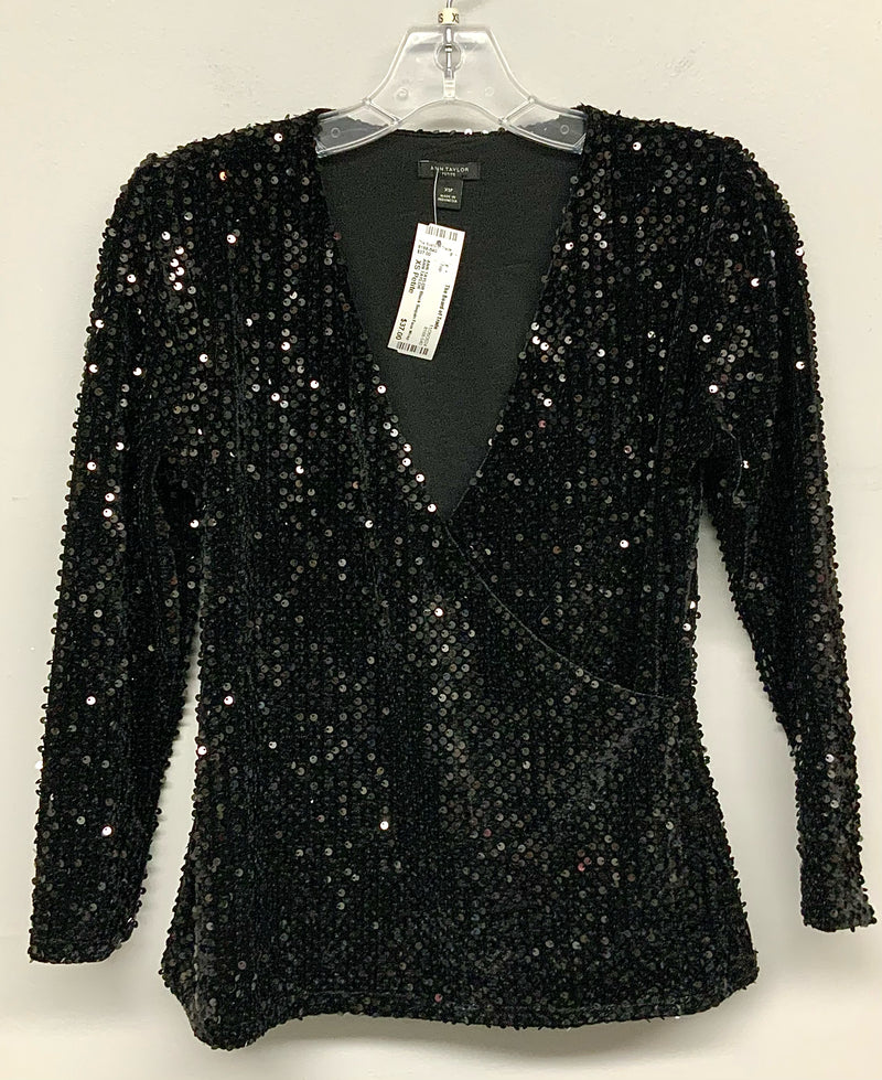 ANN TAYLOR Black Sequin Faux Wrap Top