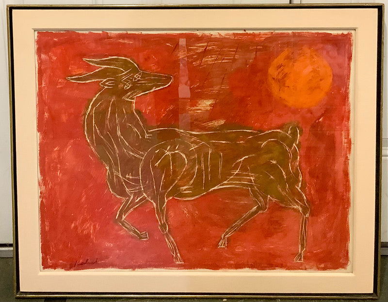 Mid Century Lionel Kalish Goat Painting in Wood Frame