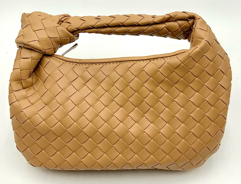 Tan Intrecciato Faux Lea Mini Knot Handle Bag