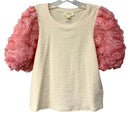 MAEVE Cream Textured w/Pink Rosette Puff Sleeves Top