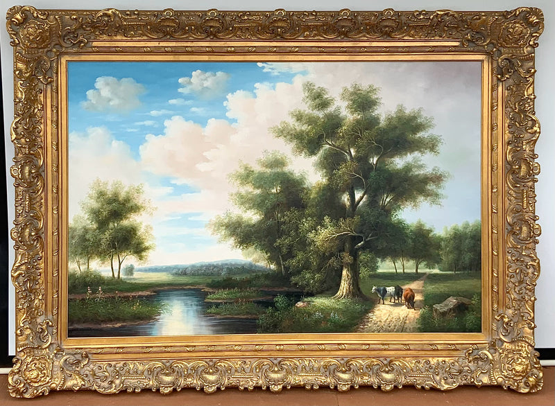 Jumbo Pastoral Oil on Canvas in Ornate Gold Frame