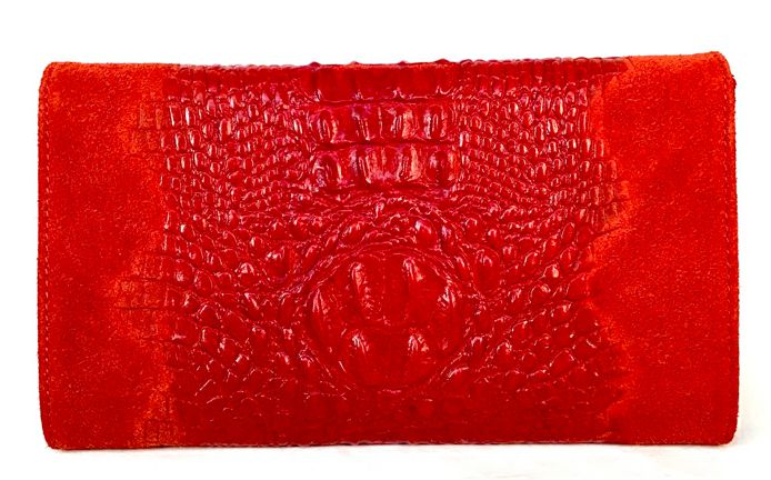 LAVORAZIANO ARIGIANALE Red Suede Croc Embossed Leather Flap Chain Bag