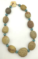 Gold Plated Metal, Carved Turquoise & Glass Beaded Necklace