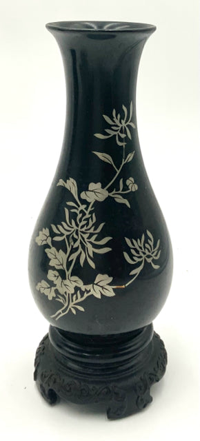 Vintage Chinese Black Lacquer Vase with Branch Scene