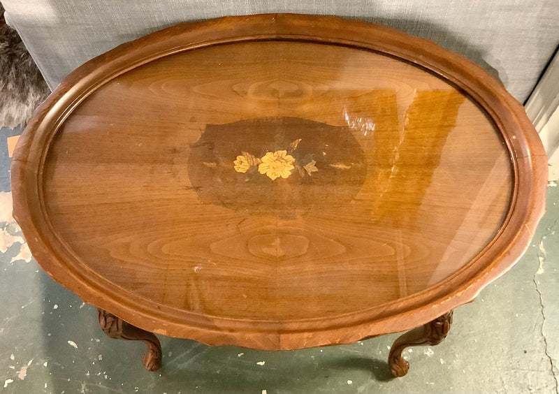 Vintage Wood Tea Table with Glass Top