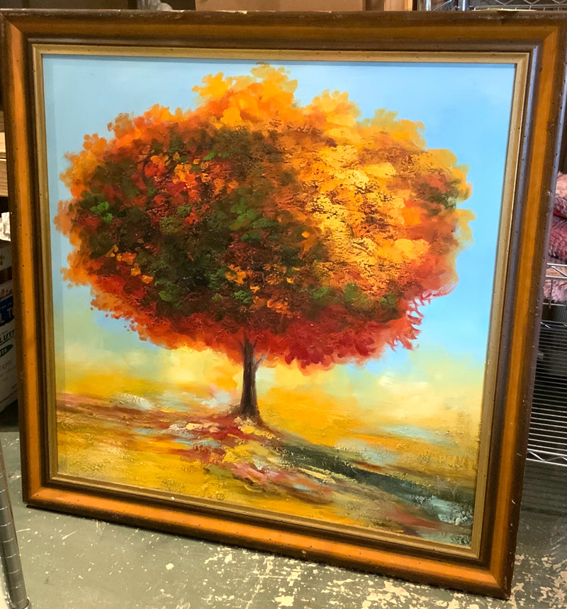 Vintage Oil on Canvas of Autumn Tree in Wood Frame
