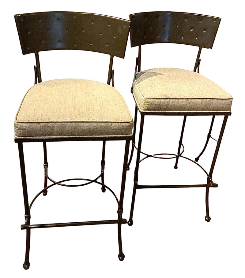 Set/4 Palecek Forged Iron Counter Stools with Upholstered Seat