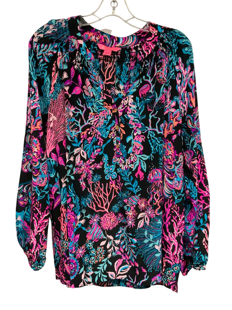 LILLY PULITZER Black/Pink/Turq "Onyx Twilight Coral Elsa" Silk Top