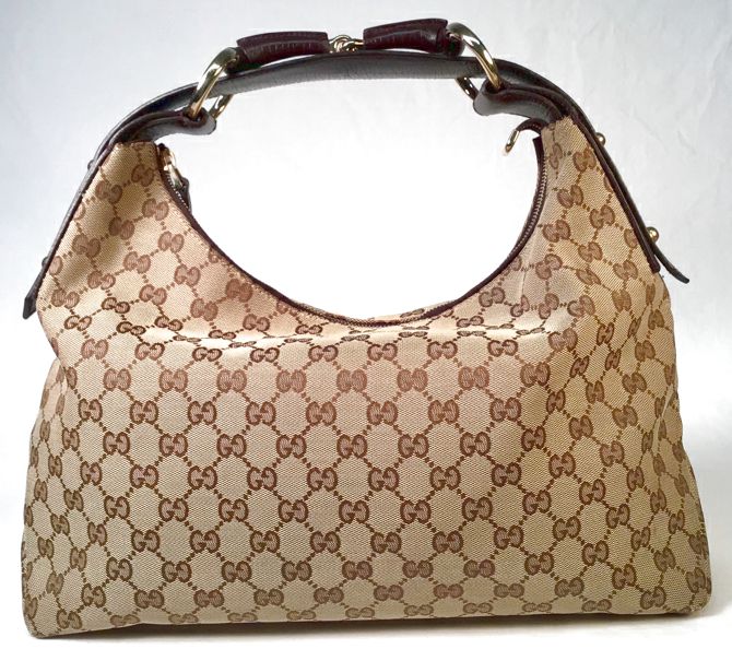 GUCCI Brown Leather Horsebit Handle GG Monogram Hobo Bag