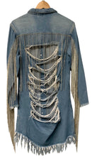 AKIRA Lt Wash Distressed Denim w/Rhinestone Fringe "Dollys Sis" Jacket