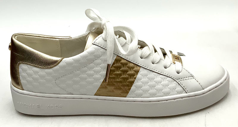 MICHAEL KORS Optic White Lea/Gold Painted Stripe Colby Sneakers 8.5