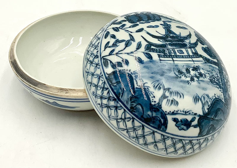 Blue & White Lidded Box with Pagoda Motif