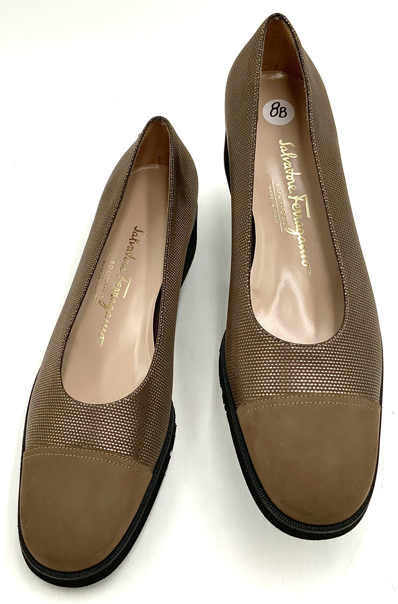 FERRAGAMO Olive Textured Leather Nubuck Cap Toe Pumps 8B