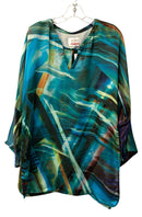 JOHNNY WAS Turq/Orange/Green Abstract V-Neck L/S Silk Tunic
