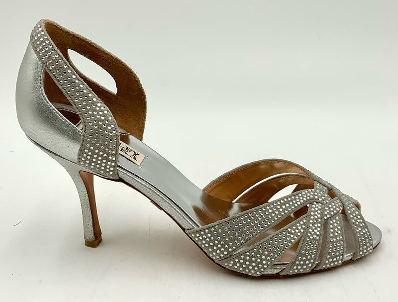 BADGLEY MISCHKA Silver Leather Crystal D'Orsay Open Toe Heels 8.5