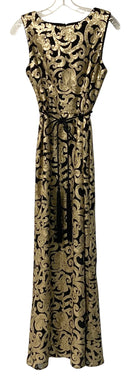 VINCE CAMUTO Black w/Gold Sequin Scroll Design Open Back S/L Maxi Dress