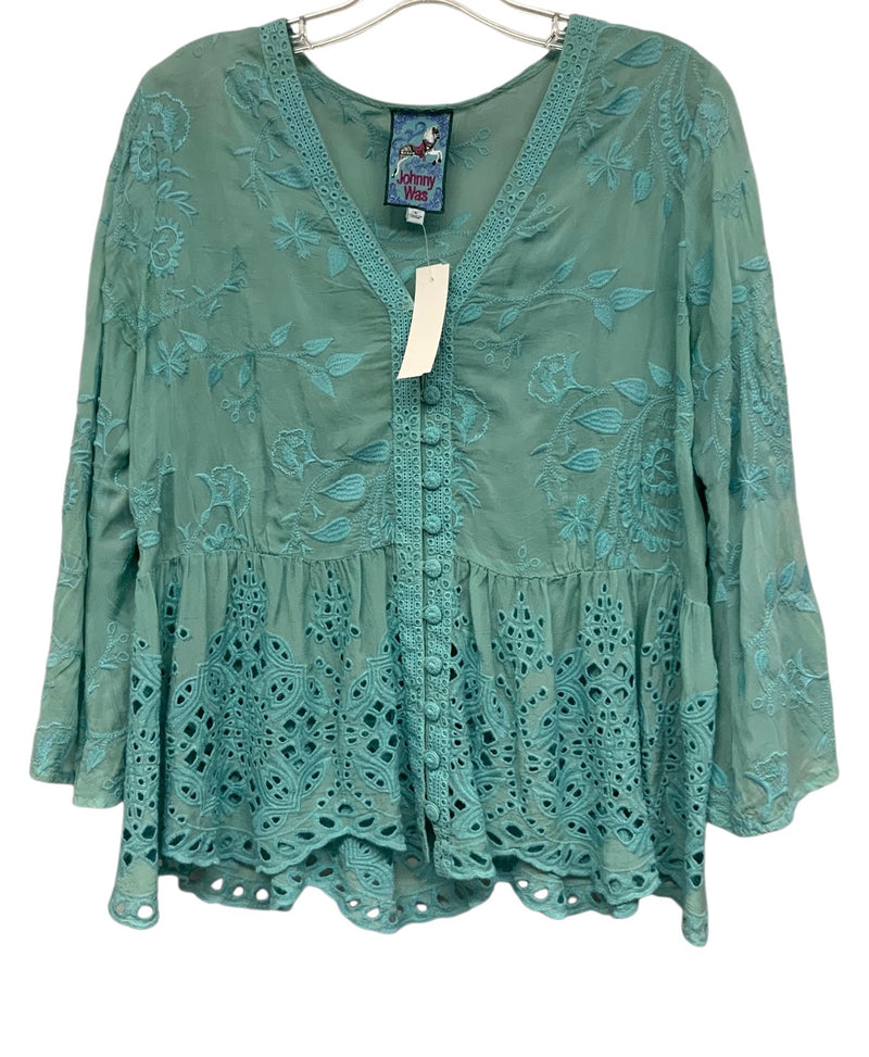JOHNNY WAS Mint Aqua Embroidered Eyelet Ruffle Bottom  B/D Top