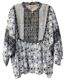 AZURE AND INDIGO Blue/White Floral w/Embroid L/S Top