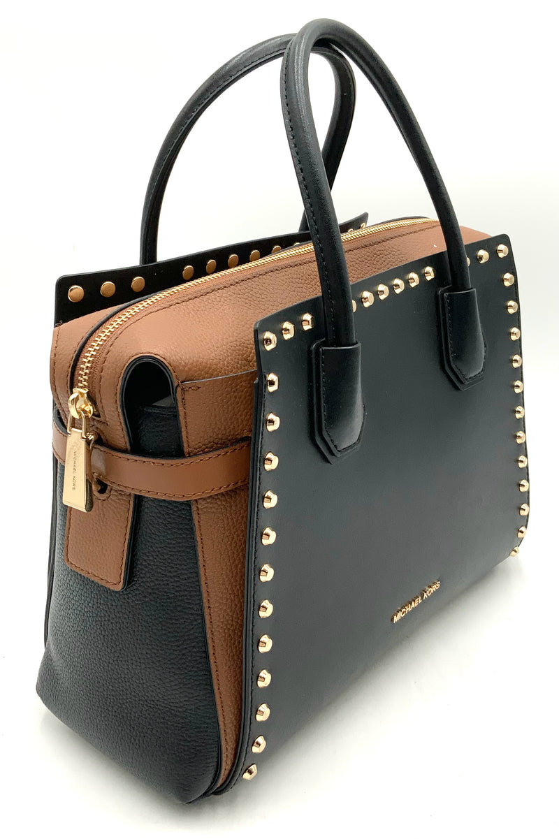 MICHAEL KORS Black Tan Belted Leather Goldtone Studded Mercer Satchel