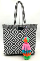 TIN MARIN Black/White Recycled Plastic Woven Tote w/Multi Color Pom Pom Tassel