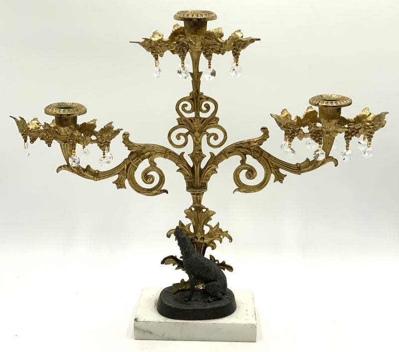Vintage Brass Three Arm Candelabra with Iron Dog Accent