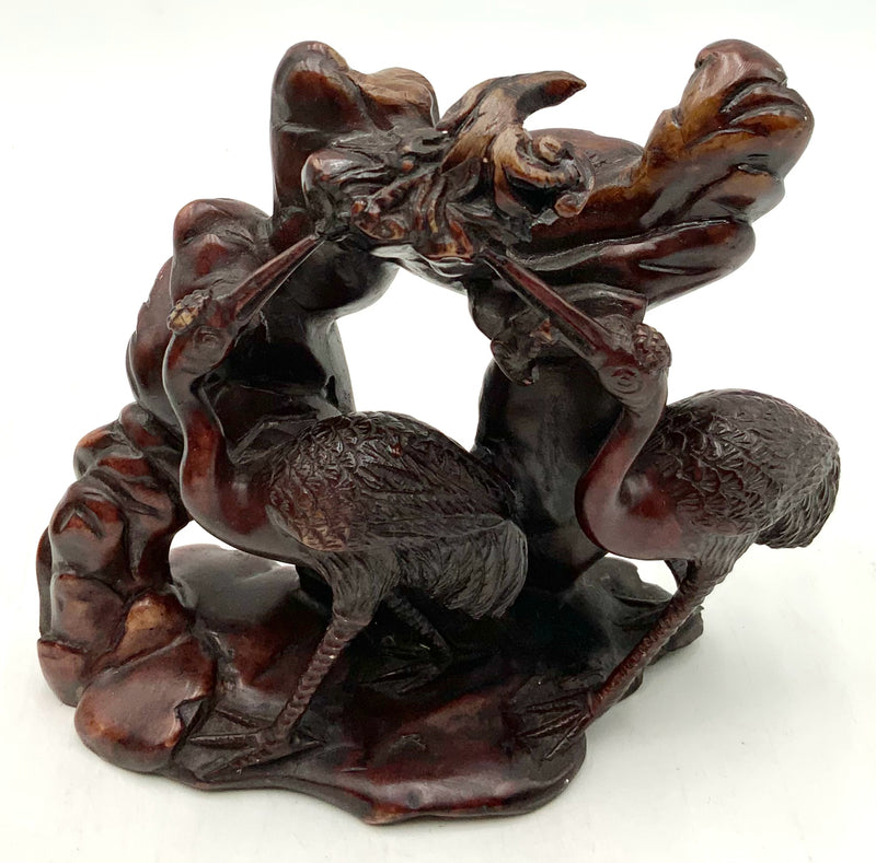 Japanese Dark Soapstone Figure of Birds with Fish