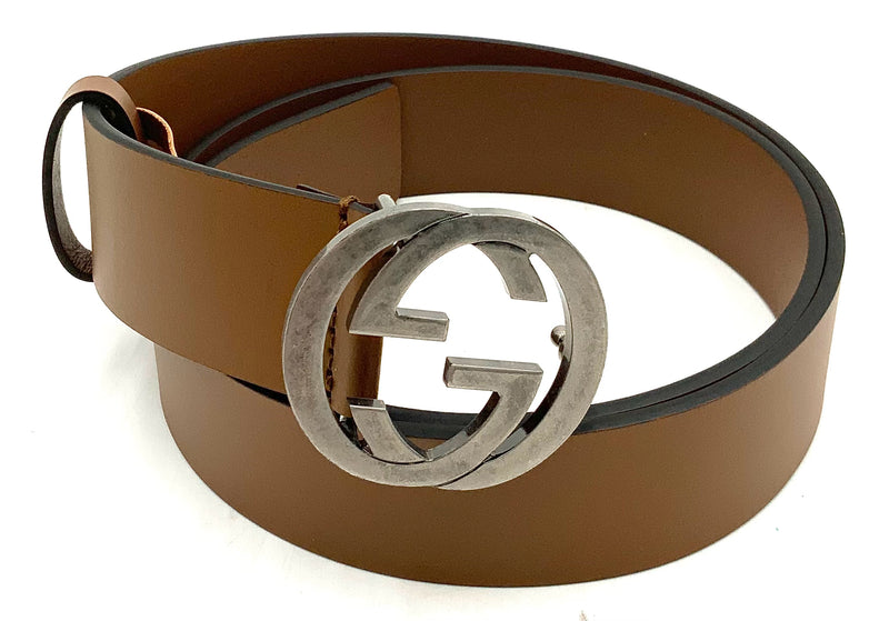 GUCCI Brown Leather Brushed Silvertone GG Buckle Belt sz 38