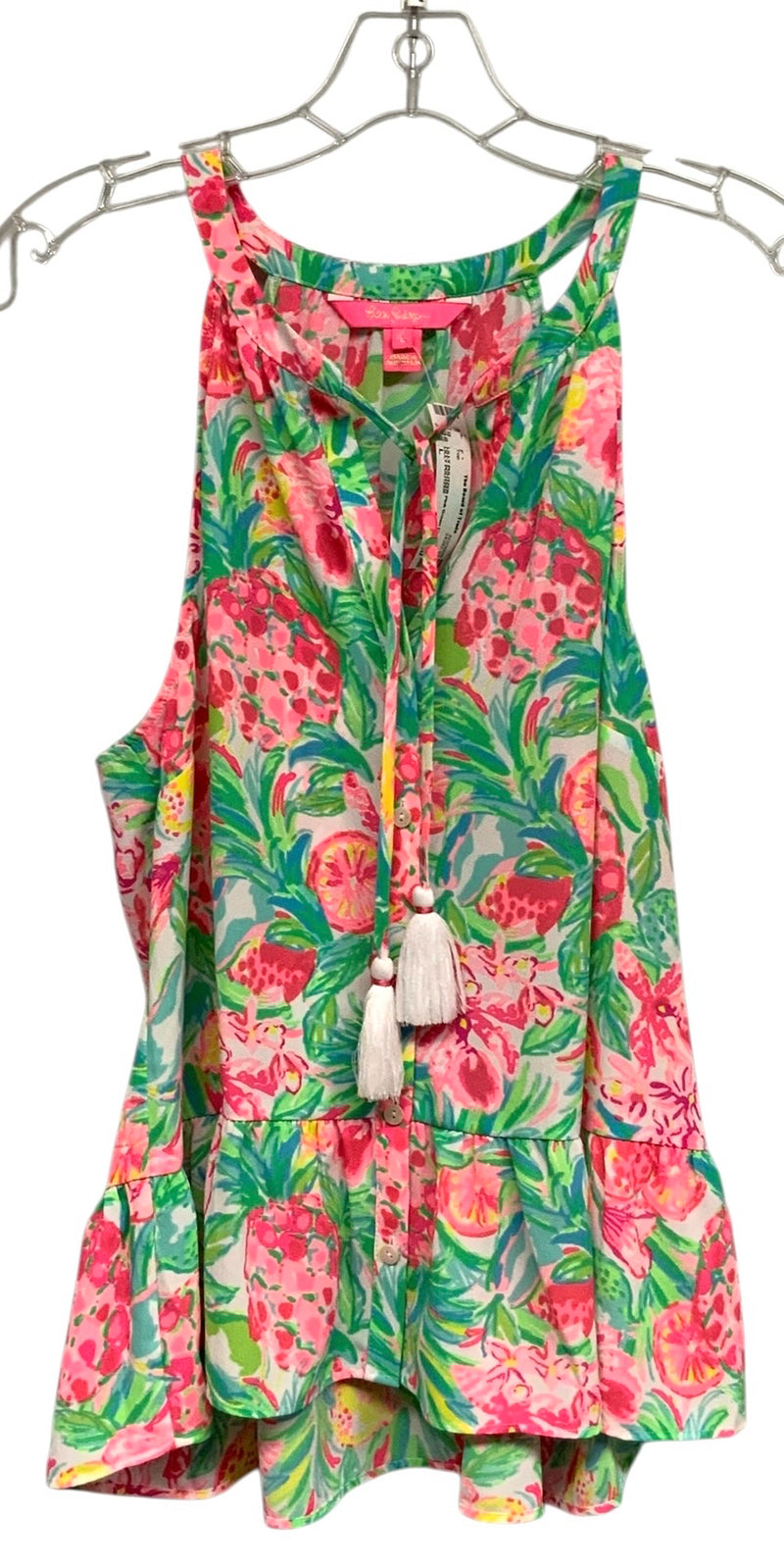 LILLY PULITZER Pink Green Citrus Fruits Tassel Tie S/L Ruffle Hem Top