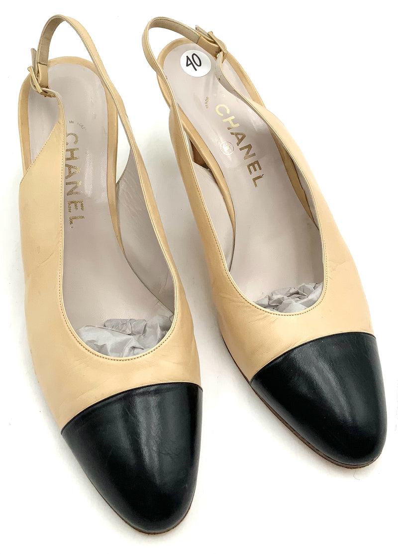 CHANEL Vintage Tan Black Leather Cap Toe Slingback Pumps 40