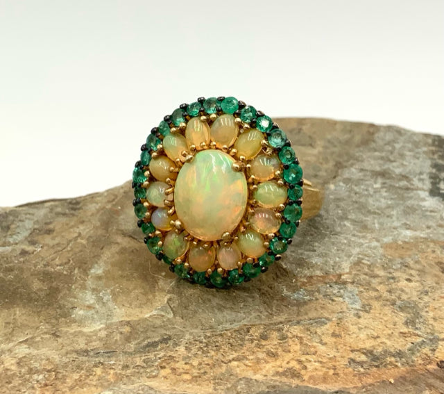 Gold Over Sterling Natural Welo Opal & Natural Emerald Ring