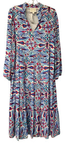 SAIL TO SABLE Blue/Pink/White Print Split Neck Tiered L/S Dress