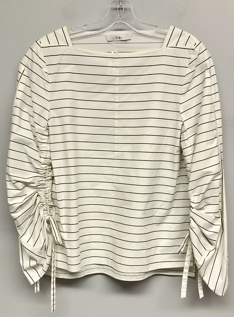 TIBI Ivory Black Pinstripe Ruched Slv Top