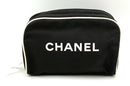 CHANEL Black Canvas White Logo Zippered Cosmetic Pouch