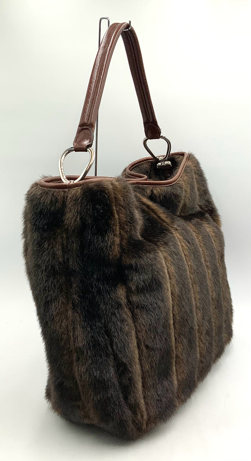 GLENDA GIES Brown Leather Faux Fur Paneled Large Shoulder Bag