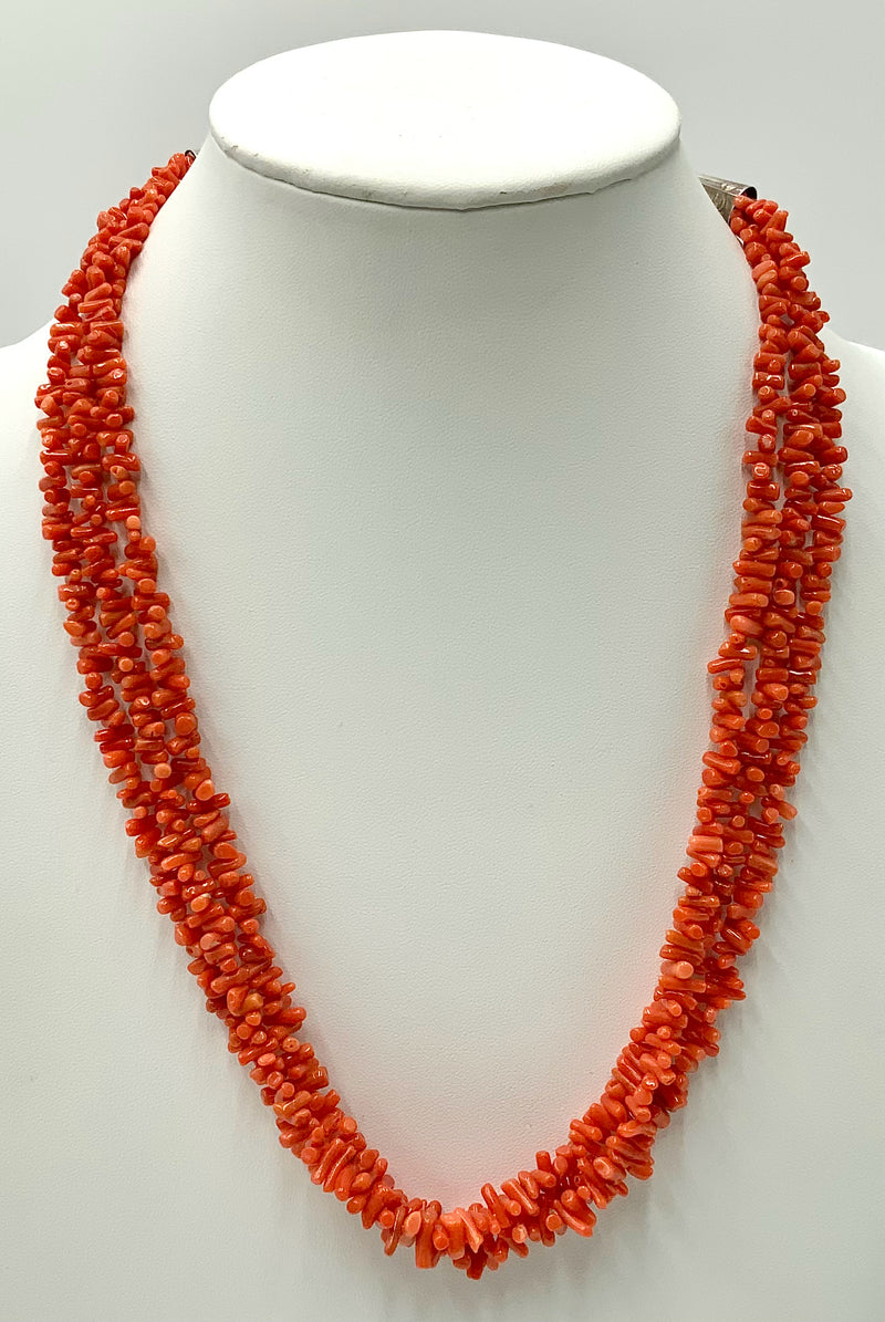 Southwest Style Sterling & 3-Strand Coral Beaded Necklace