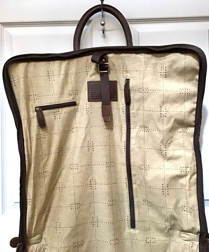 MOORE & GILES Brown Leather Olive Canvas Gravely Garment Bag